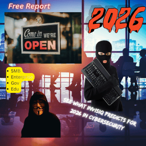 Cyber Security 2026 report visual showing open business sign, masked cyber attacker, and warning imagery highlighting AI-driven threats for SMBs, enterprises, government, and education