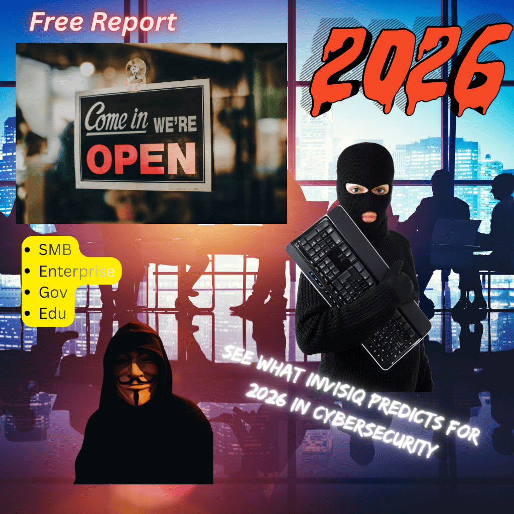 Cyber Security 2026 report visual showing open business sign, masked cyber attacker, and warning imagery highlighting AI-driven threats for SMBs, enterprises, government, and education