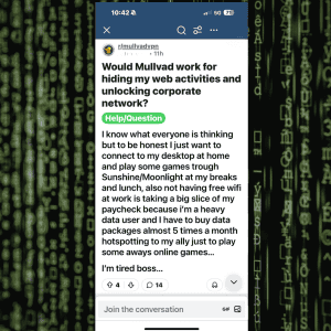 Reddit post showing an employee asking how to hide web activity and bypass corporate internet restrictions using a VPN on a company network