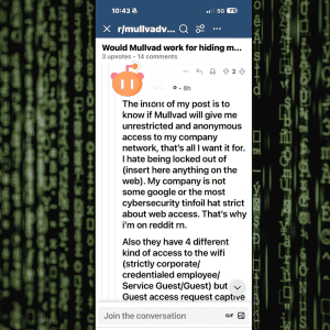 Reddit comment explaining intent to gain unrestricted and anonymous access to a company network using a VPN