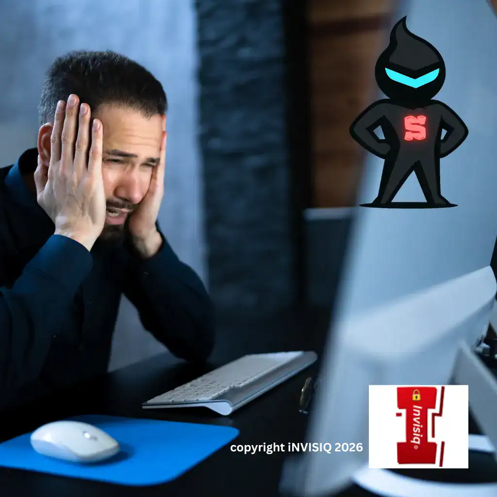 Stressed business owner at a computer reacting to vendor cyber risk with the SMOKE mascot and iNVISIQ branding visible