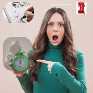 Shocked businesswoman pointing at a clock to illustrate the first 24 hours after a software vendor breach with iNVISIQ branding