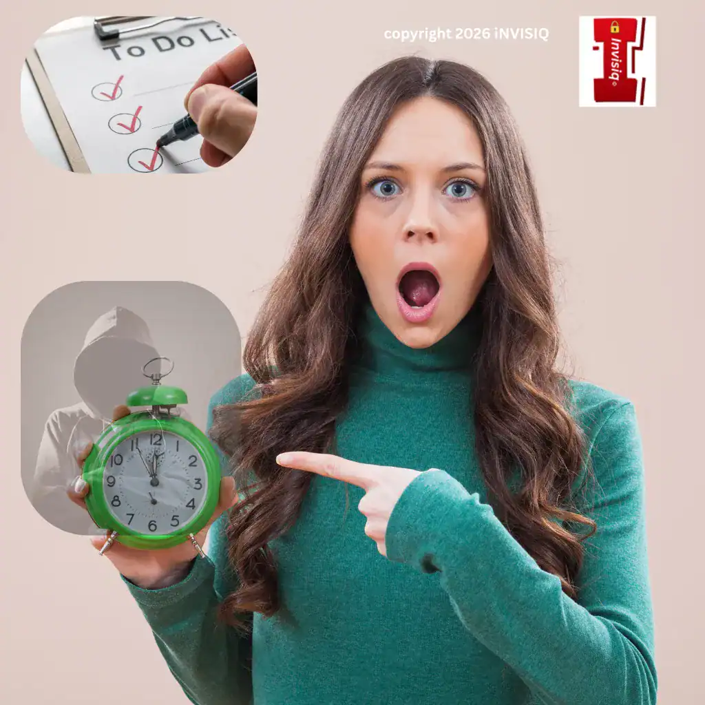 Shocked businesswoman pointing at a clock to illustrate the first 24 hours after a software vendor breach with iNVISIQ branding